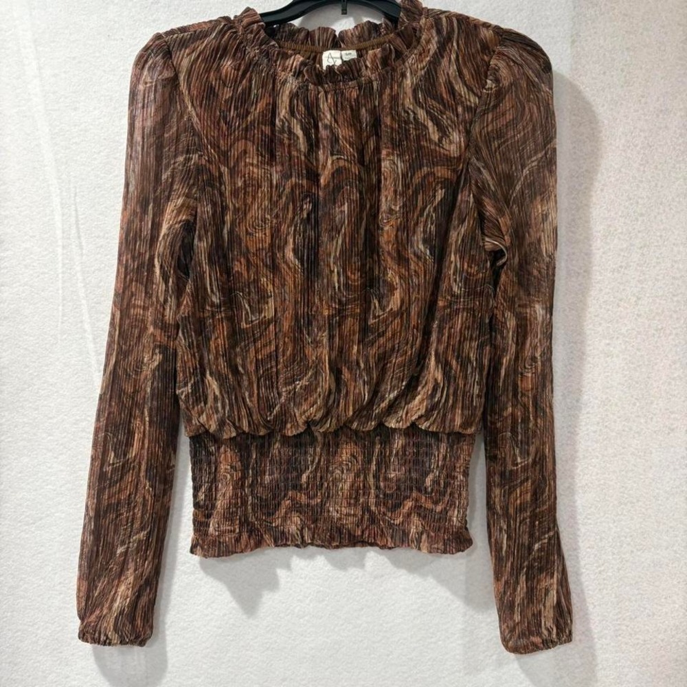 Joie Sheer Marble Swirl Blouse Womens Small Pleated Boho 70s Peasant Top